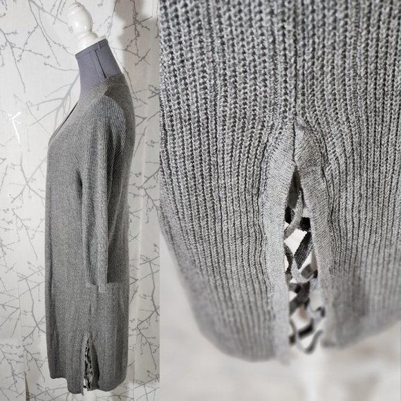 Torrid Gray Ribbed Knit Lattice Detail Long Cardigan - Picture 3 of 5